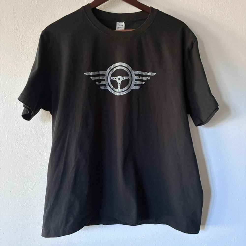 Wings & Wheels Graphic T Shirt Size Large Black Steering Wheel Logo Cotton Tee